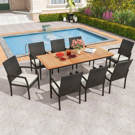 9-Piece Patio Dining Set with Umbrella Hole and 8 Rattan-woven Dining Chairs with Seat Cushions