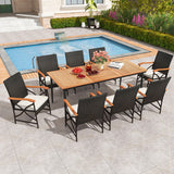 79 Inch Outdoor Acacia Wood Dining Table and 8 Rattan-woven Dining Chairs with Umbrella Hole