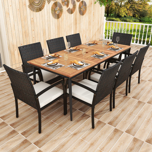 9-Piece Patio Dining Set with Umbrella Hole and 8 Rattan-woven Dining Chairs with Seat Cushions