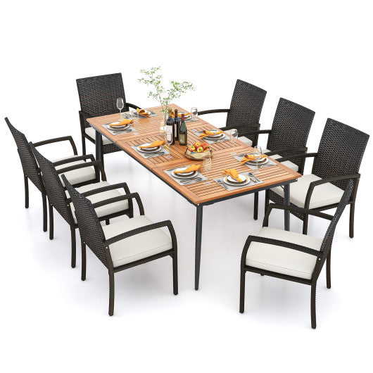 9-Piece Patio Dining Set with Umbrella Hole and 8 Rattan-woven Dining Chairs with Seat Cushions