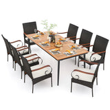 79 Inch Outdoor Dining Table and 8 Rattan-woven Dining Chairs with Acacia Wood Tabletop