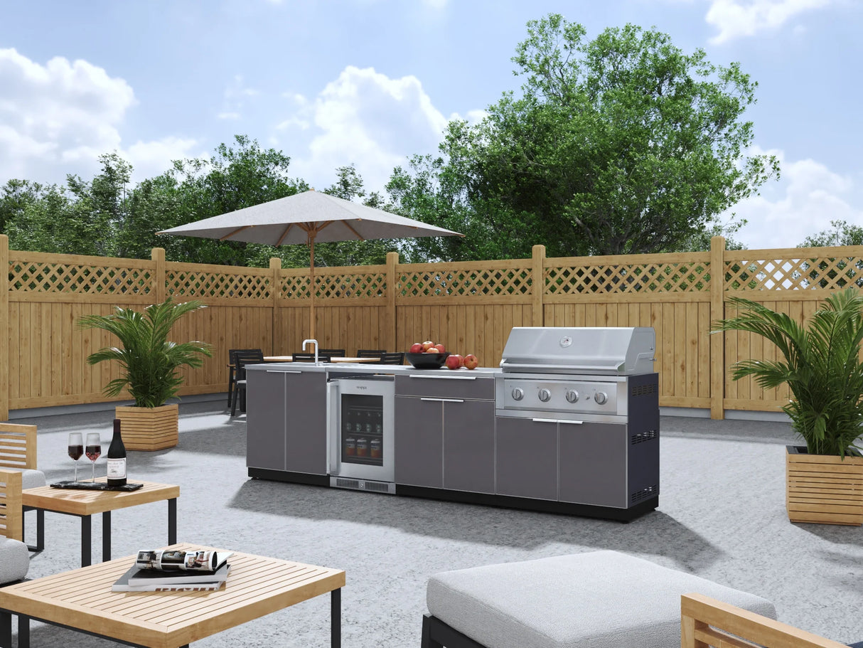 Outdoor Kitchen Aluminum 6 Piece Cabinet Set with Sink, Bar, Grill Cabinet, Performance Grill, Countertop and Glass Door Fridge