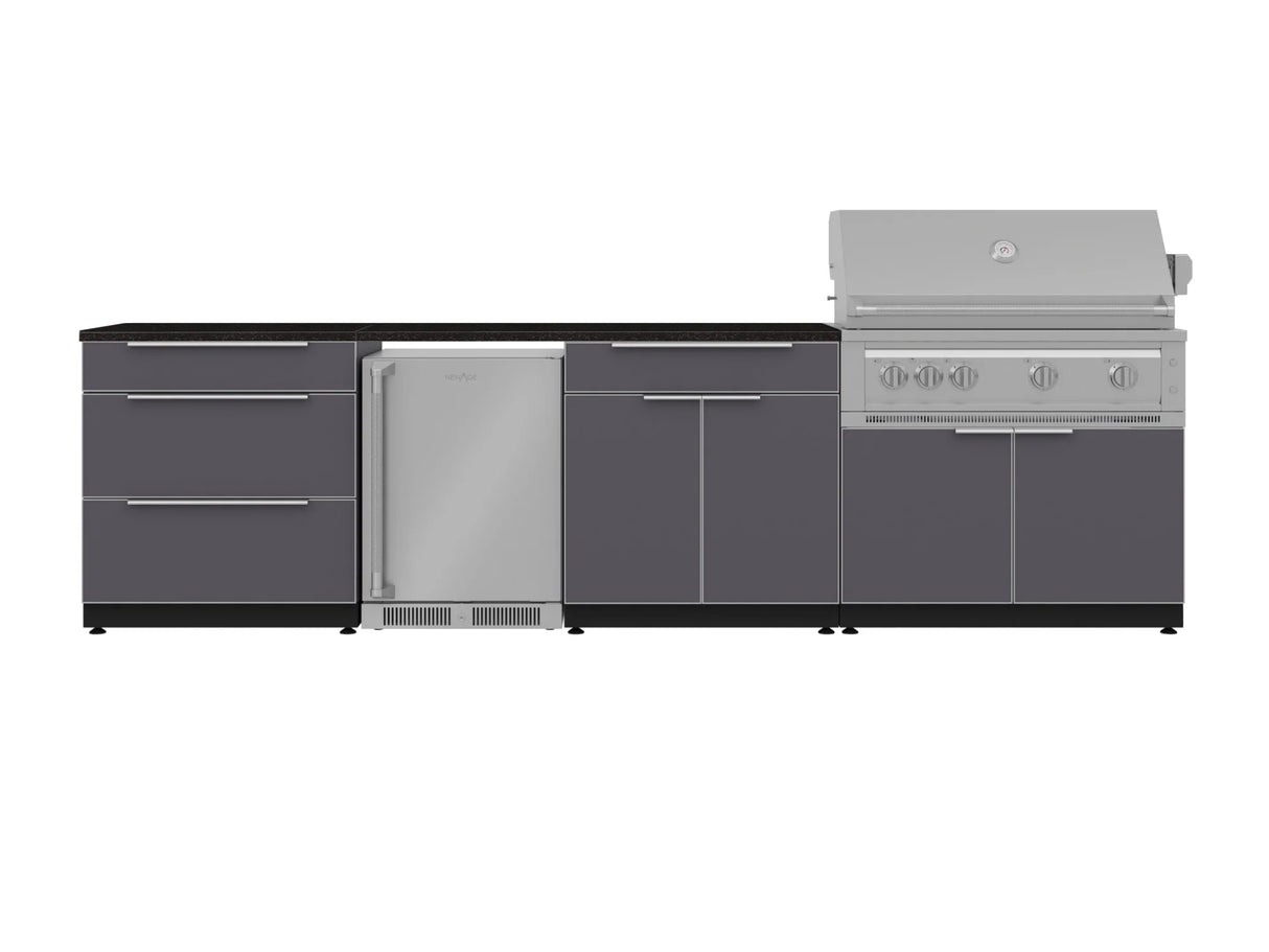 Outdoor Kitchen Aluminum 7 Piece Cabinet Set with 3-Drawer, Bar, Grill Cabinet, Platinum Grill, Countertops and Stainless Steel Door Fridge