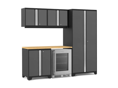 Pro Series 6 Piece Cabinet Set with Base, Wall Cabinet, Locker and Glass Door Fridge