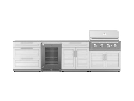 Outdoor Kitchen Stainless Steel 7 Piece Cabinet Set with 3-Drawer, Bar, Grill Cabinet, Performance Grill, Countertops, and Glass Door Fridge