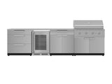 Outdoor Kitchen Stainless Steel 7 Piece Cabinet Set with 3-Drawer, Bar, Grill Cabinet, Performance Grill, Countertops, and Glass Door Fridge