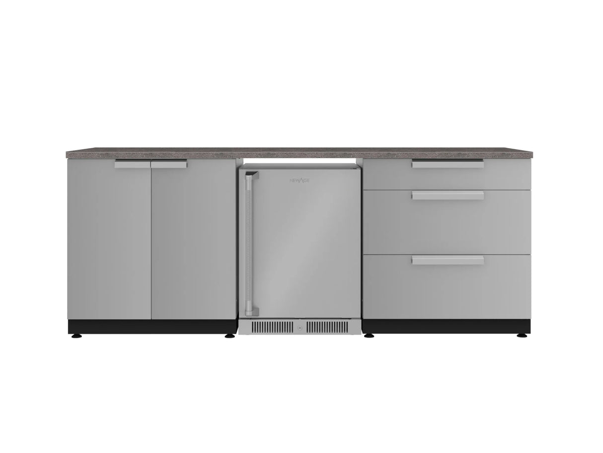 Outdoor Kitchen Stainless Steel 5 Piece Cabinet Set with 3-Drawer, 2-Door Cabinet, Countertops and Fridge