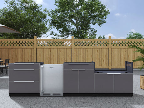 Outdoor Kitchen Aluminum 4 Piece Cabinet Set with 3-Drawer, Bar, Grill Cabinet and Fridge