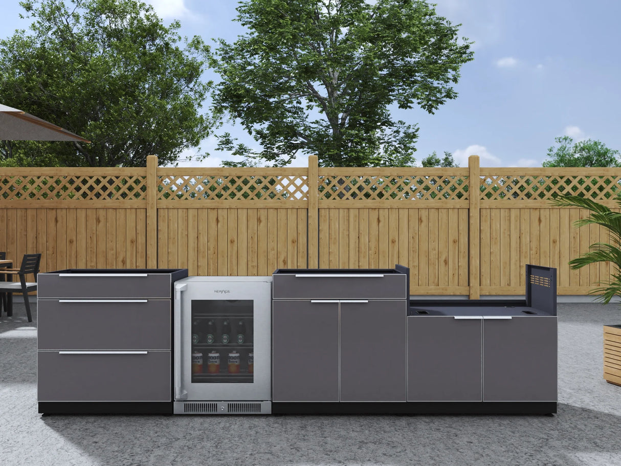 Outdoor Kitchen Aluminum 4 Piece Cabinet Set with 3-Drawer, Bar, Grill Cabinet and Fridge