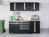 Pro Series 9 Piece Cabinet Set with Wall, Base, Tool Drawer Cabinet, 56 In. Integrated Shelf and 112 In. Worktop