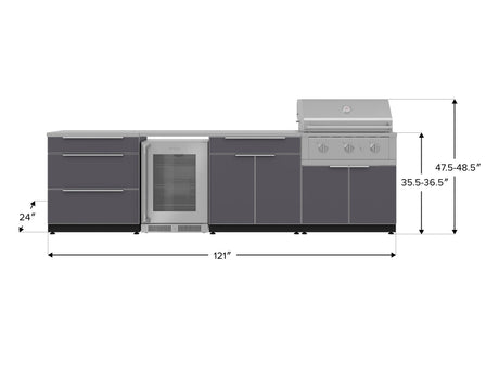 Outdoor Kitchen Aluminum 7 Piece Cabinet Set with 3-Drawer, Bar, Grill Cabinet, Performance Grill, Countertops and Glass Door Fridge