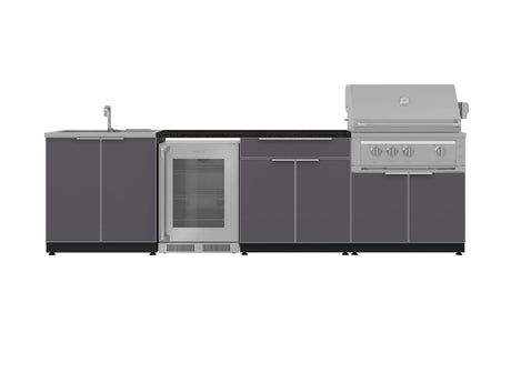 Outdoor Kitchen Aluminum 6 Piece Cabinet Set with Sink, Bar, Grill Cabinet, Platinum Grill, Countertop and Glass Door Fridge