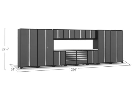 Pro Series 14 Piece Cabinet Set with Lockers, Base, Wall, Tool Drawer Cabinets and 56 In. Worktop