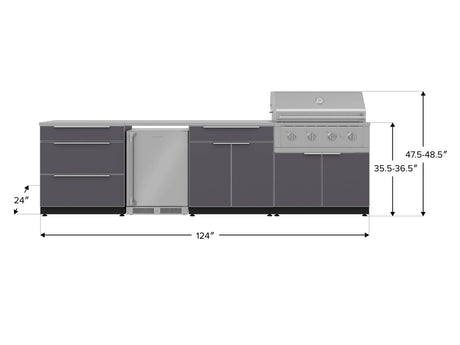 Outdoor Kitchen Aluminum 7 Piece Cabinet Set with 3-Drawer, Bar, Grill Cabinet, Performance Grill, Countertops and Stainless Steel Door Fridge