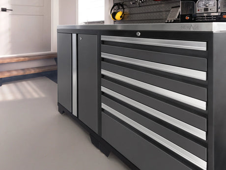 Pro Series 7 Piece Cabinet Set with Base, Wall, Tool Drawer Cabinet, Lockers and 56 In. Worktop