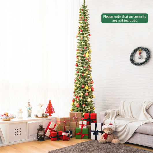 5/6/7/8/9 Feet Pre-lit Pencil Artificial Christmas Tree with 150/180/200//300/400 Warm White LED Lights-9 ft