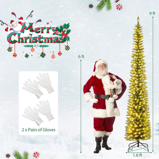 5/6/7/8/9 Feet Pre-lit Pencil Artificial Christmas Tree with 150/180/200//300/400 Warm White LED Lights-9 ft