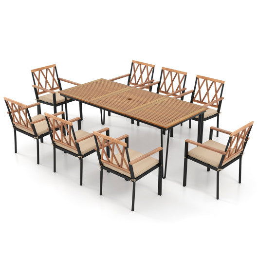 9-Piece Patio Dining Set 35.5 Inch Acacia Wood Table with Umbrella Hole and 22.5-Inch Wide Chairs