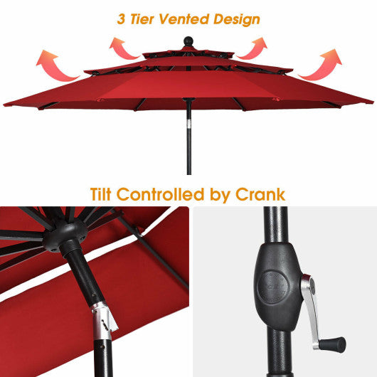 10ft 3 Tier Patio Umbrella Aluminum Sunshade Shelter Double Vented without Base-Burgundy