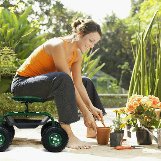 Heavy Duty Garden Cart with Tool Tray and 360 Swivel Seat-Green