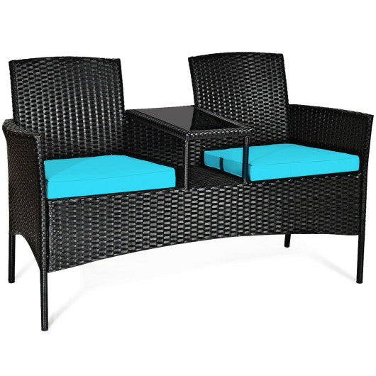 Wicker Patio Conversation Furniture Set with Removable Cushions and Table-Turquoise