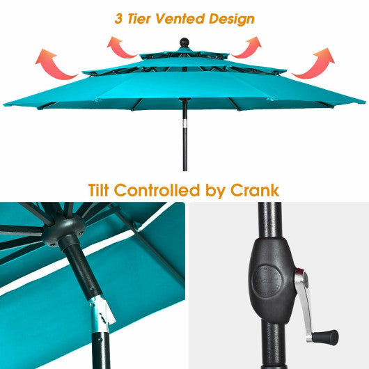 10' 3 Tier Patio Umbrella Aluminum Sunshade Shelter Double Vented without Base-Turquoise