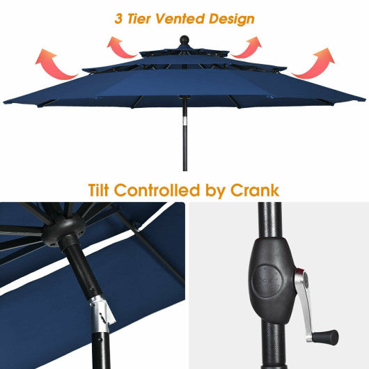 10' 3 Tier Patio Umbrella Aluminum Sunshade Shelter Double Vented without Base-Navy