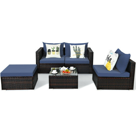 5 Pieces Patio Rattan Sectional Furniture Set with Cushions and Coffee Table -Navy