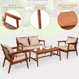 4 Pieces Acacia Wood Patio Rattan Furniture Set with Zippered Cushions-Brown