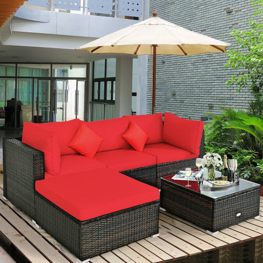 5 Pcs Outdoor Patio Rattan Furniture Set Sectional Conversation with Navy Cushions-Red