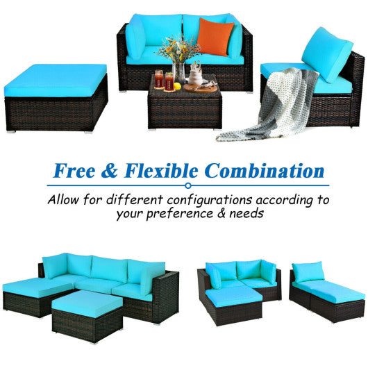 5 Pieces Patio Rattan Sectional Conversation Ottoman Furniture Set-Blue