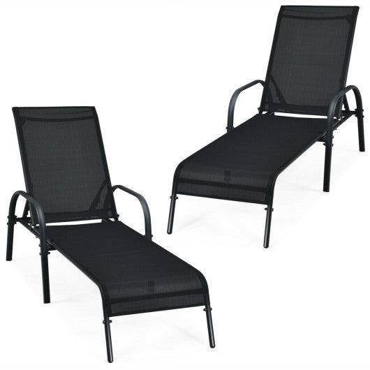 2 Pcs Outdoor Patio Lounge Chair Chaise Fabric with Adjustable Reclining Armrest