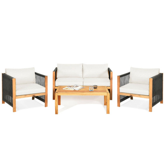 4 Pieces Acacia Wood Outdoor Patio Furniture Set with Cushions-White