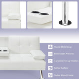 Convertible Folding Leather Futon Sofa with Cup Holders and Armrests-White