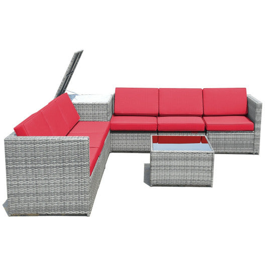 8 Piece Wicker Sofa Rattan Dinning Set Patio Furniture with Storage Table-Red