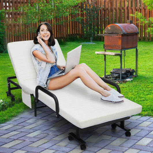 Folding Adjustable Guest Single Bed Lounge Portable with Wheels-White