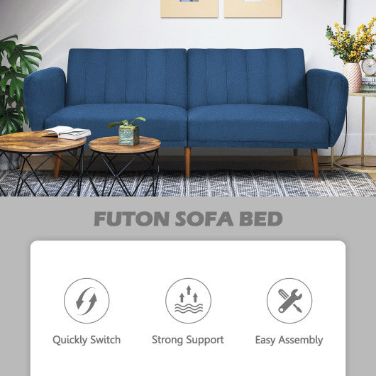 Convertible Futon Sofa Bed Adjustable Couch Sleeper with Wood Legs-Navy