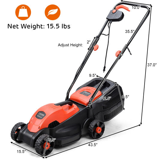 14 Inch Electric Push Lawn Corded Mower with Grass Bag-Red