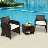 3 Pieces PE Rattan Wicker Furniture Set with Cushion Sofa Coffee Table for Garden-White