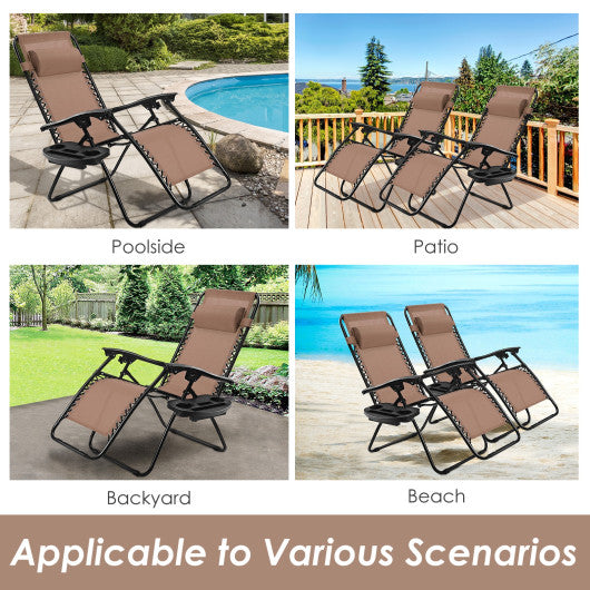 Outdoor Folding Zero Gravity Reclining Lounge Chair with Utility Tray-Brown