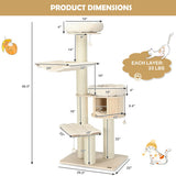4-Layer 68.5-Inch Wooden Cat Tree Condo Activity Tower with Sisal Posts-Natural