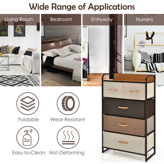 4-Tier Organizer Tower Steel Frame Wooden Top Storage with 5-Drawer Dresser-Muticolor