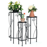 3 Pieces Metal Plant Stand Set with Crystal Floral Accents Round-Black