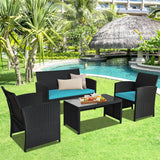 4 Pieces Rattan Patio Furniture Set with Weather Resistant Cushions and Tempered Glass Tabletop-Turquoise