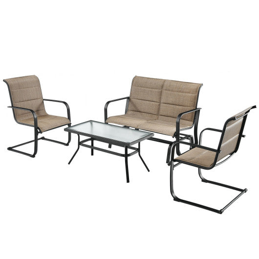 4 Pieces Outdoor Patio Furniture Set with Padded Glider Loveseat and Coffee Table-Brown