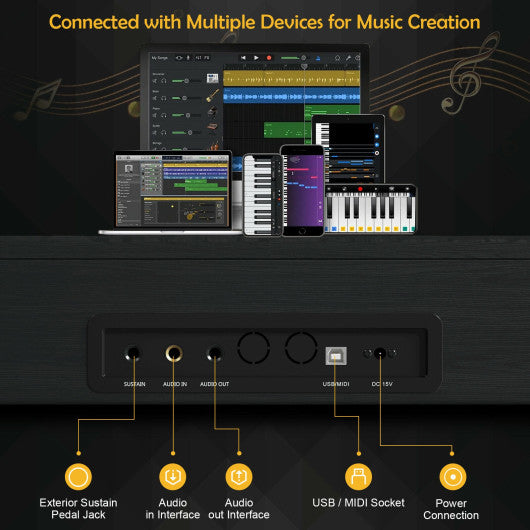 88 Key Full Size Electric Piano Keyboard with Stand 3 Pedals MIDI Function-Black