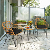 3 Pieces Rattan Furniture Set with Cushioned Chair Table-Black