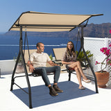 2-Seat Outdoor Cushioned Porch Swing with Adjustable Canopy and Tempered Glass Table-Beige