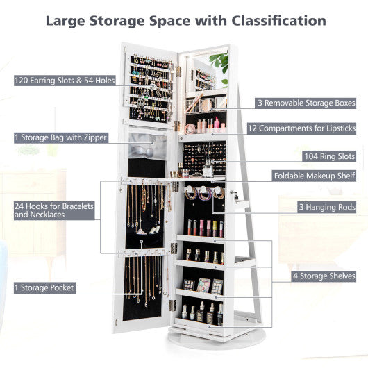 360° Rotating Mirrored Jewelry Cabinet Armoire 3 Color LED Modes Lockable-White