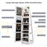 360° Rotating Mirrored Jewelry Cabinet Armoire 3 Color LED Modes Lockable-White